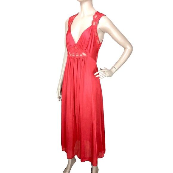 Vintage 70s Red Lace Trim Peignoir Sexy Lingerie Long Nightgown Medium USA - Picture 6 of 8